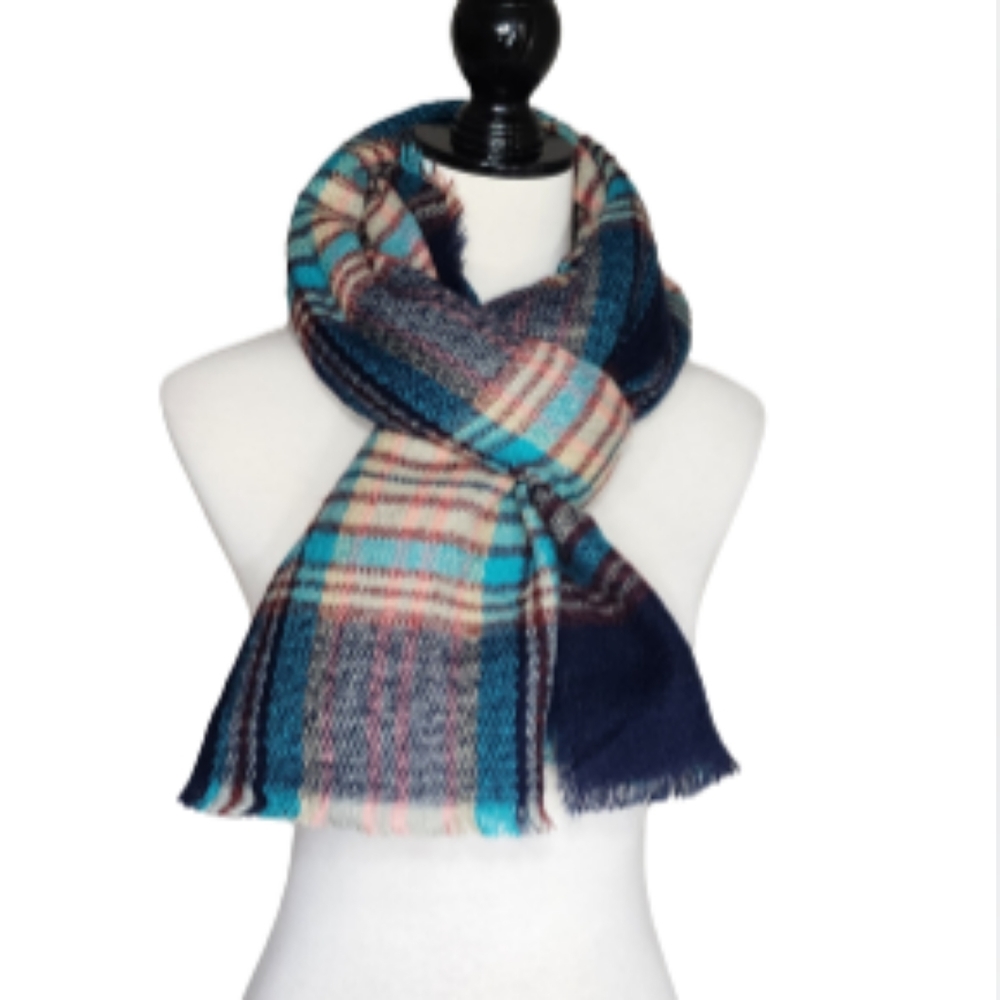 Women's navy blue plaid oversized blanket scarf with fringe By City Streets